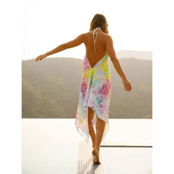 A Helm Hamptons Dress in Pastel Tie Dye Flowy Halter Asymmetric Hem Sundress NEW - Picture 2 of 14